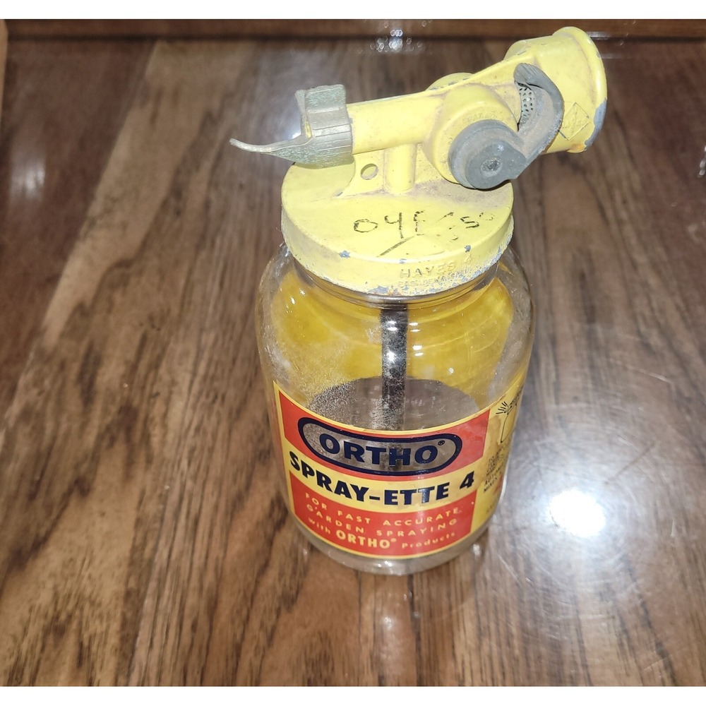Vtg ORTHO SPRAY-ETTE 2 Duraglas Glass Insect Hose Spray Bottle Yellow Metal Top